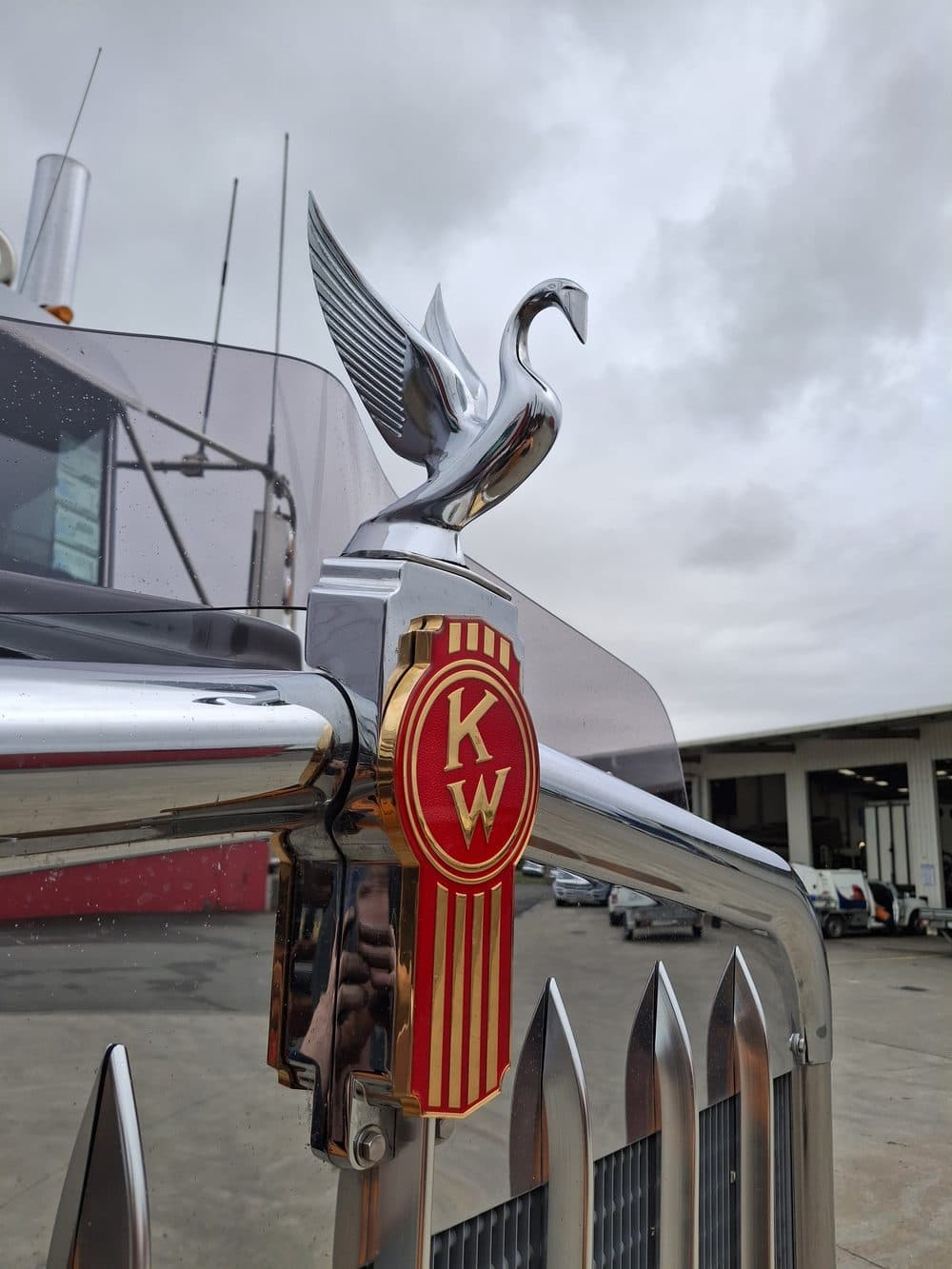 Kenworth chrome emblem on a truck serviced at Emmetts, Whanganui